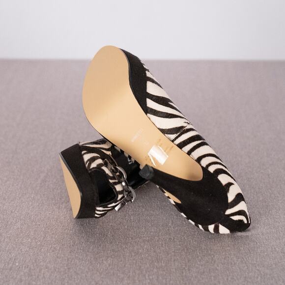 Chico's Zebra Print Open Toe High Heel Shoe 9M Calf Hair Gun Metal Chain Accent - Picture 8 of 10
